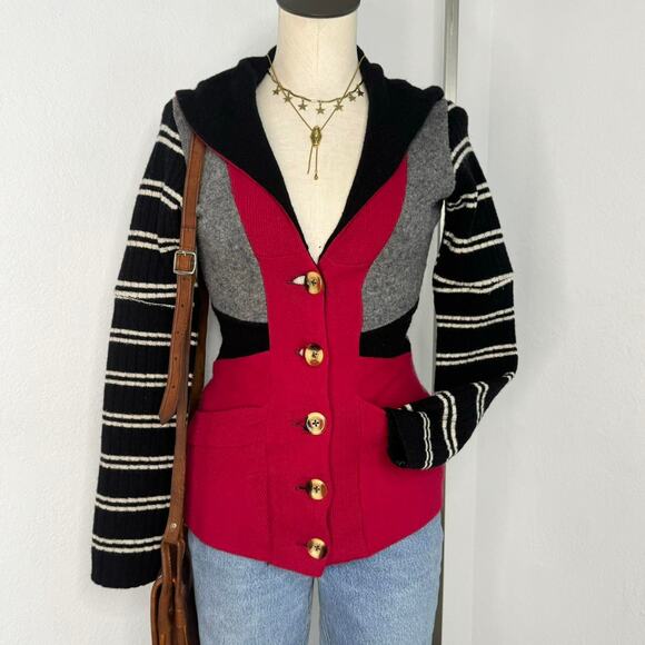 Preloved Handcut Upcycled Reworked Wool Cardigan Sweater Red Gray - Picture 1 of 8